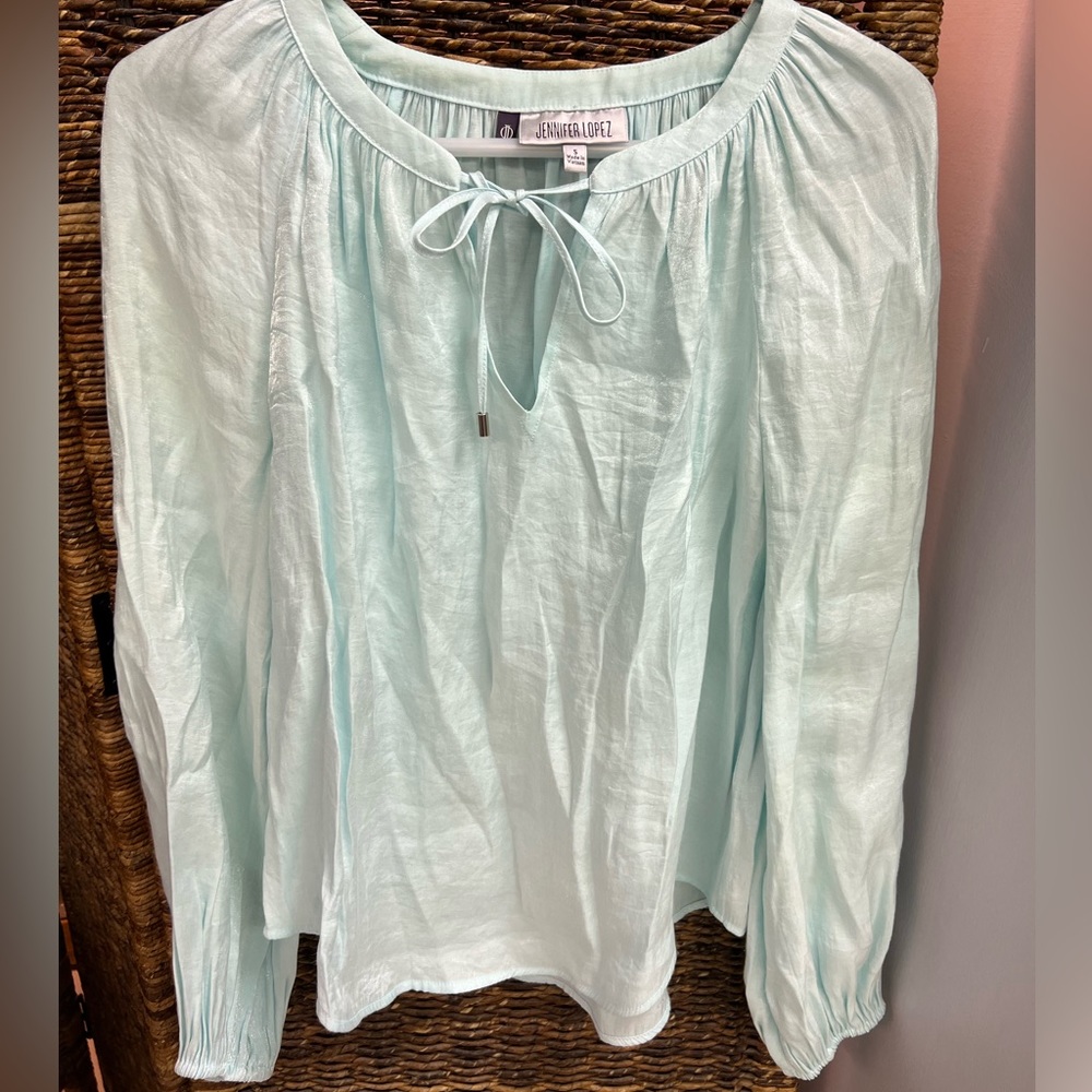Jennifer Lopez- Shimmer Blue Long Sleeve w/ Tie front- Size: Small, Pre-Owned